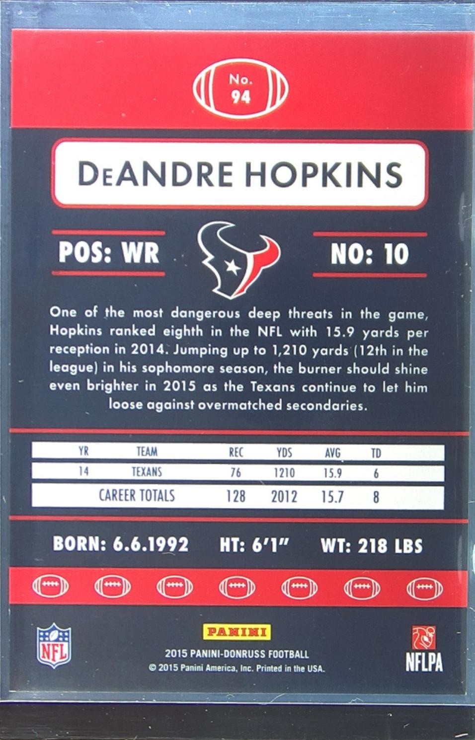 2015 Donruss DeAndre Hopkins Press Proof Purple /199 #94 Texans - Image 3