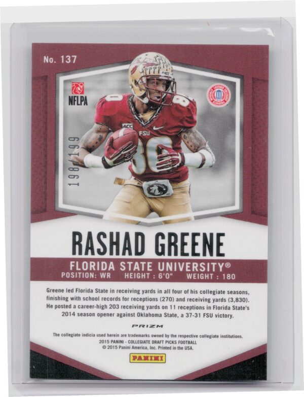 2015 Prizm Collegiate Draft Picks Rashad Greene Prizms Camo /199 #137 Seminoles - Image 3