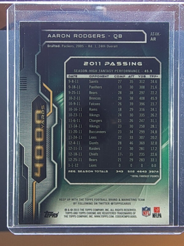 2015 Topps Chrome Aaron Rodgers #AT4K-AR Packers All Time 4000 Yard Club - Image 3