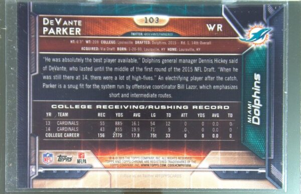 2015 Topps Chrome DeVante Parker Orange Refractor RC #103 Dolphins - Image 3