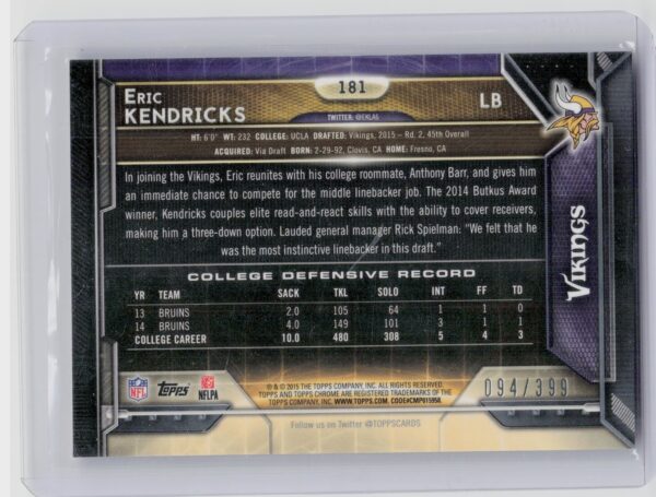 2015 Topps Chrome Eric Kendricks Pink Refractor /399 #181 Vikings - Image 3