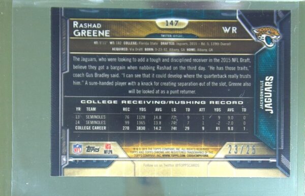2015 Topps Chrome Mini Rashad Greene Pink BCA Refractors /25 RC #147 Jaguars - Image 3