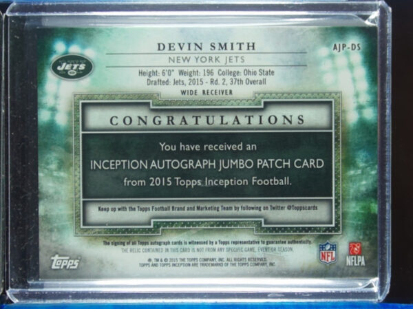 2015 Topps Inception Devin Smith AU MEM #AJP-DS Jets Autographed Jumbo Patches - Image 3