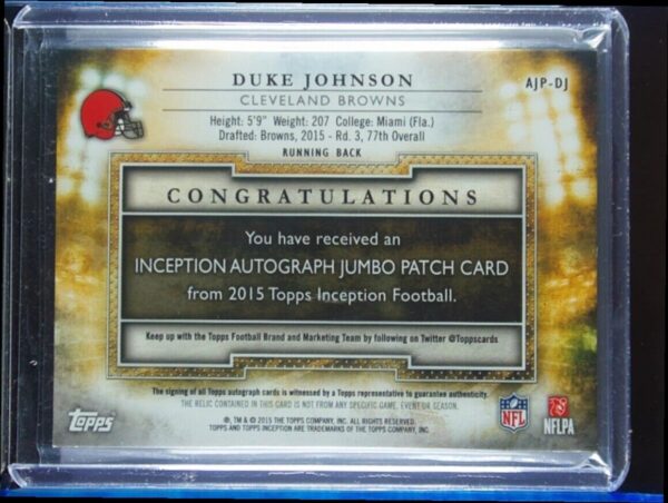 2015 Topps Inception Duke Johnson AU MEM SN75 #AJP-DJ Browns Autographed Jumbo P - Image 3