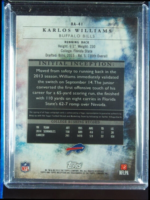 2015 Topps Inception Karlos Williams AU SN150 #RA-41 Bills Rookie Autographs Pur - Image 3