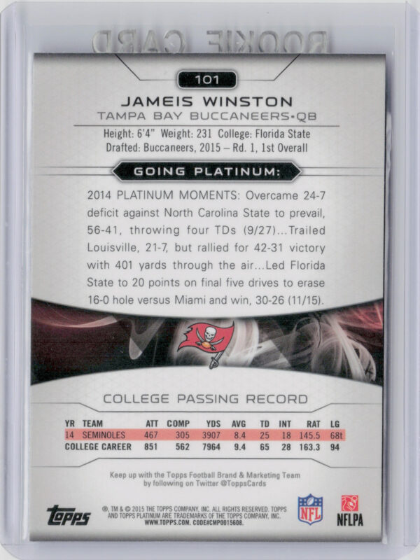 2015 Topps Platinum Jameis Winston RC #101 Buccaneers - Image 3
