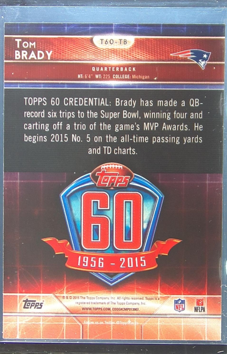 2015 Topps Tom Brady #T60-TB Patriots 60th Anniversary - Image 3