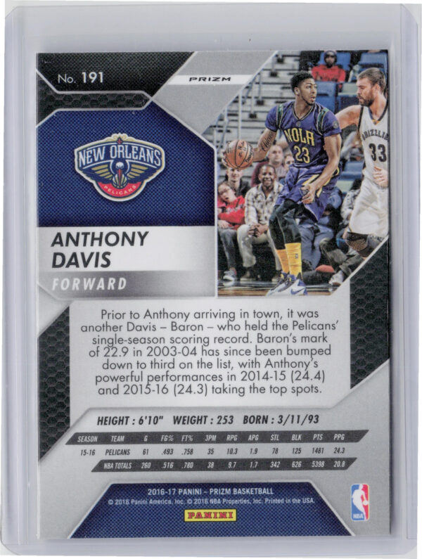 2016-17 Panini Prizm Anthony Davis Starburst Prizms #191 Pelicans - Image 3