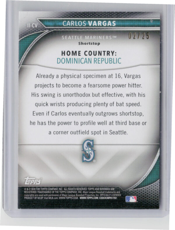 2016 Bowman Carlos Vargas SN25 #II-CV Mariners International Ink Orange - Image 3