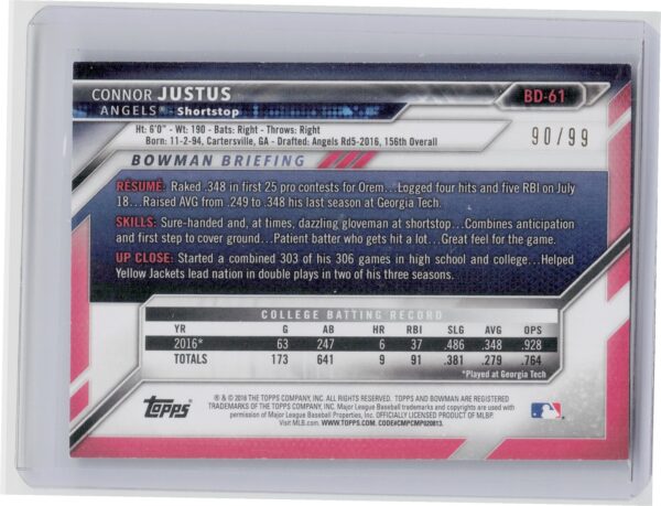 2016 Bowman Draft Connor Justus Green Border SN99 #BD-61 Angels - Image 3