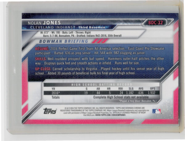 2016 Bowman Draft Nolan Jones Chrome #BDC-32 Indians - Image 3