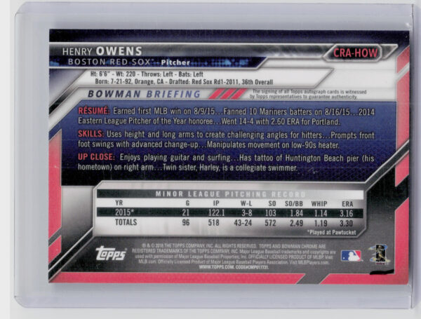 2016 Bowman Henry Owens AU #CRA-HOW Sox Chrome Rookie Autographs - Image 3