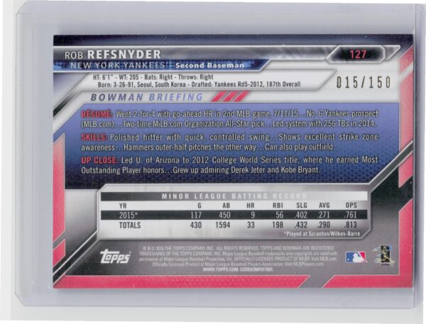 2016 Bowman Rob Refsnyder Blue SN150 #127 Yankees - Image 3