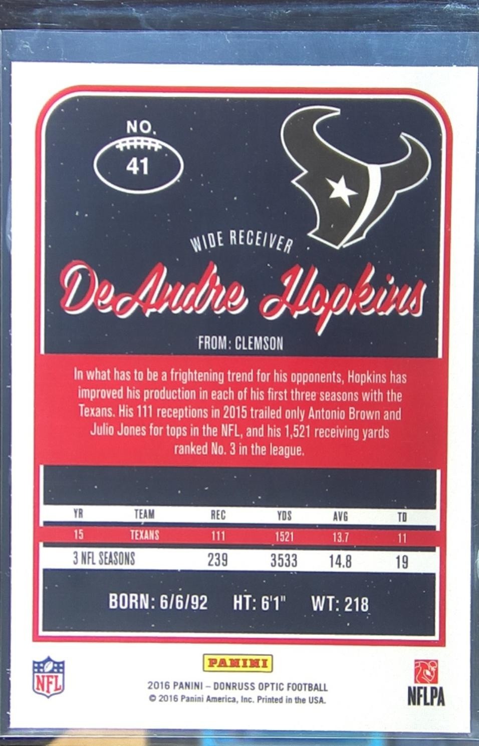 2016 Donruss Optic DeAndre Hopkins Holo #41 Texans - Image 3