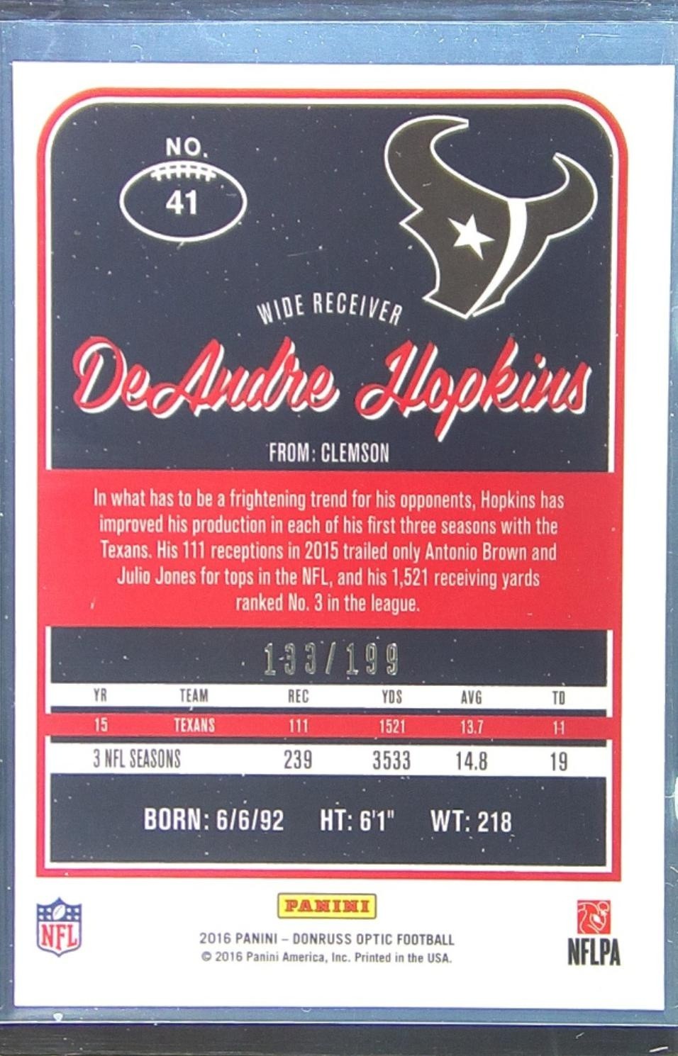 2016 Donruss Optic DeAndre Hopkins Orange /199 #41 Texans - Image 3