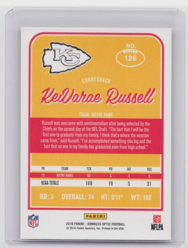 2016 Donruss Optic KeiVarae Russell Holo #126 Chiefs - Image 3