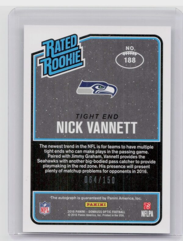 2016 Donruss Optic Nick Vannett AU SN150 #188 Seahawks Rated Rookies Autograph - Image 3