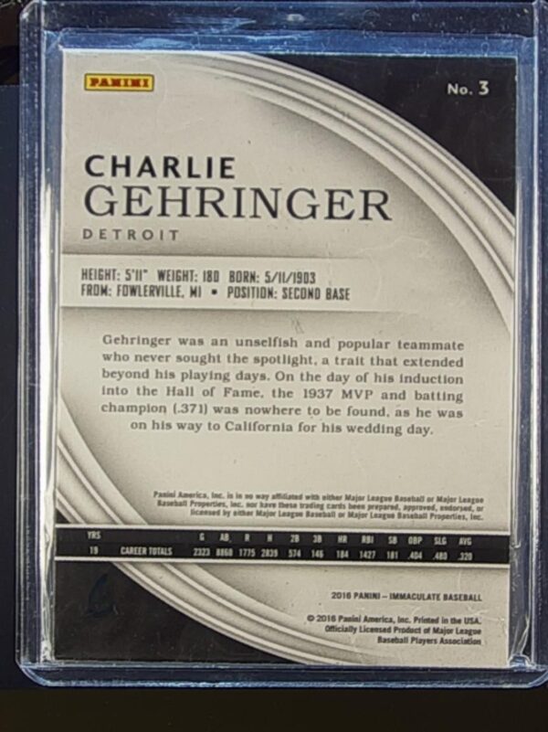 2016 Immaculate Charlie Gehringer /99 #3 Tigers - Image 3