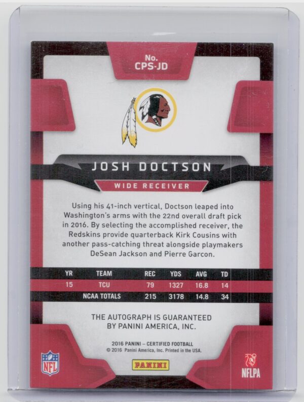 2016 Panini Certified Josh Doctson AU SN49 #CPS-JD Redskins Certified Potential - Image 3