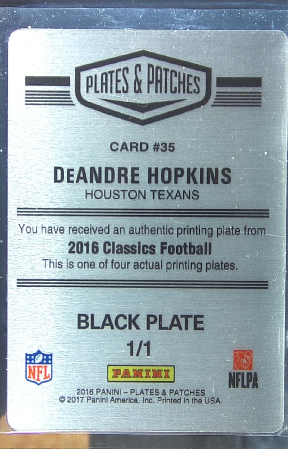 2016 Panini Classics DeAndre Hopkins Printing Plates Black 1/1 #35 Texans - Image 3