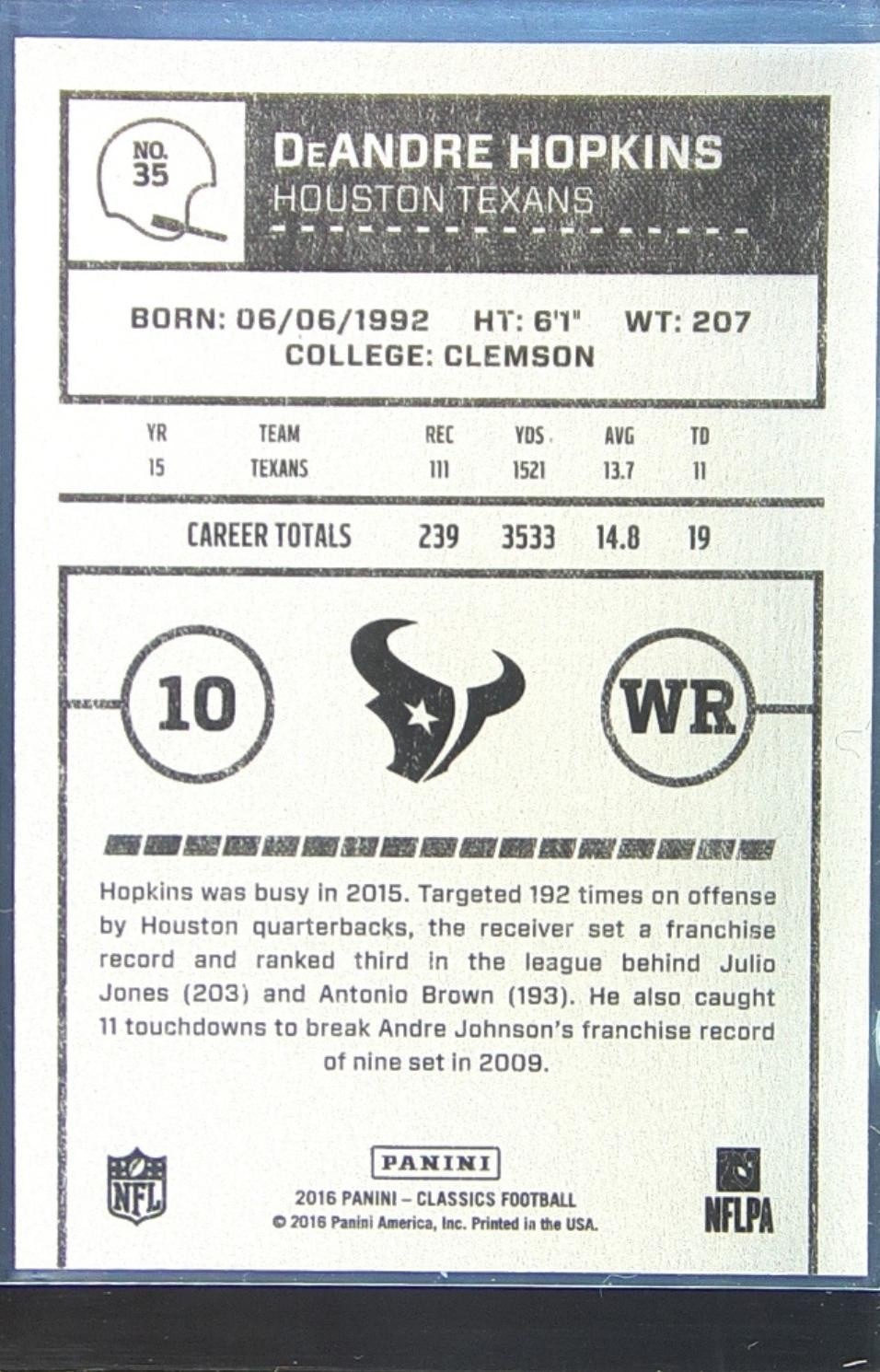 2016 Panini Classics DeAndre Hopkins Timeless Tributes Bronze /99 #35 Texans - Image 3