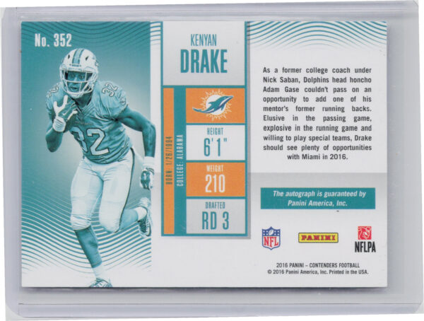 2016 Panini Contenders Kenyan Drake Championship Ticket AU SN99 #352 Dolphins - Image 3