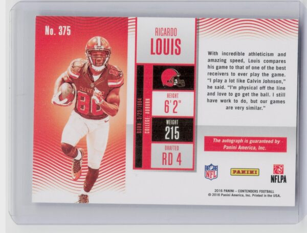 2016 Panini Contenders Ricardo Louis Playoff Ticket AU SN199 #375 Browns - Image 3