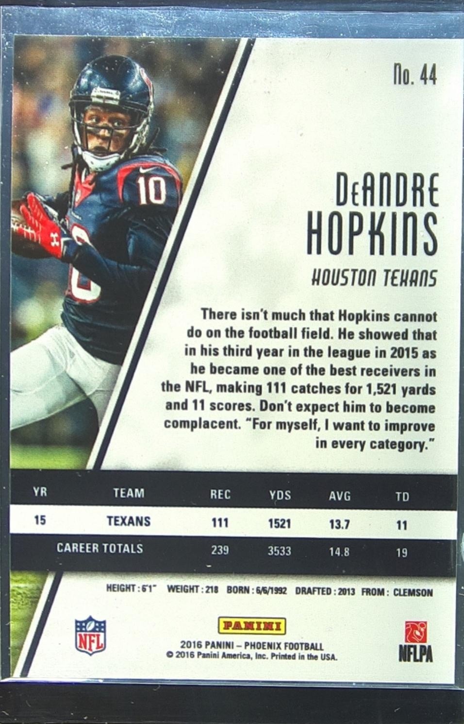 2016 Panini Phoenix DeAndre Hopkins Red #44 Texans - Image 3