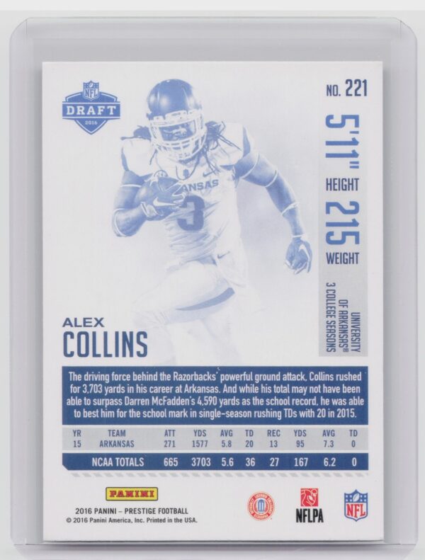 2016 Panini Prestige Alex Collins Xtra Points Green #221 Seahawks - Image 3