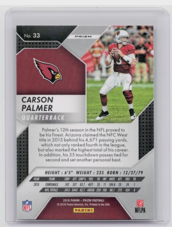 2016 Panini Prizm Carson Palmer Red White & Blue Disco #33 Cardinals - Image 3