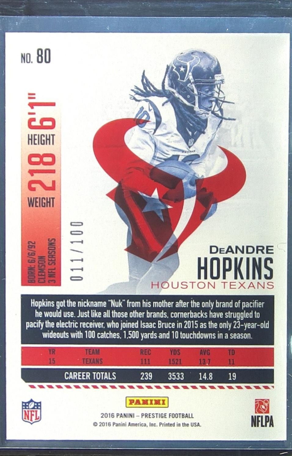 2016 Prestige DeAndre Hopkins Xtra Points Purple /100 #80 Texans - Image 3