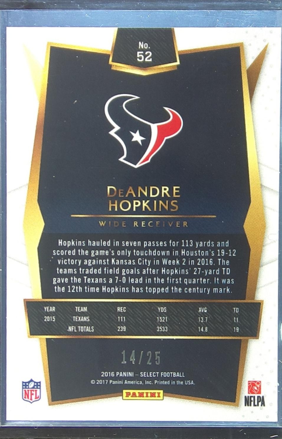 2016 Select DeAndre Hopkins Tie Dyed Prizm /25 #52 Texans - Image 3