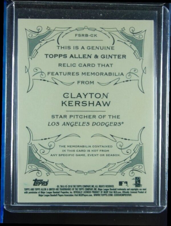 2016 Topps Allen & Ginter Clayton Kershaw MEM #FSRB-CK Dodgers Relic Full Size D - Image 3