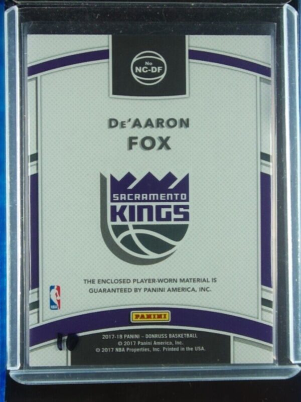 2017-18 Donruss De'Aaron Fox MEM #NC-DF Kings Newly Crowned Rookie Jerseys - Image 3