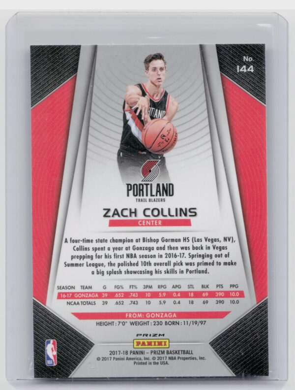 2017-18 Panini Prizm Zach Collins Prizms Red White and Blue #144 Blazers - Image 3