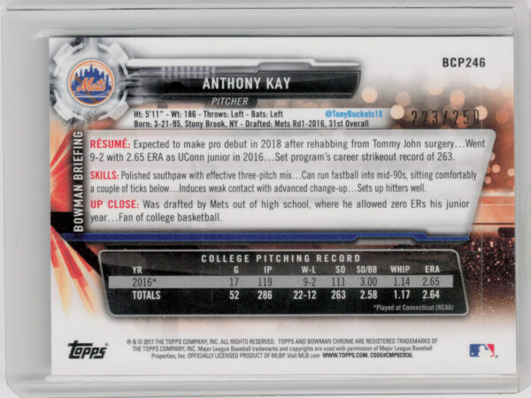 2017 Bowman Chrome Anthony Kay SN250 #BCP246 Mets Prospects Purple Refractor - Image 3