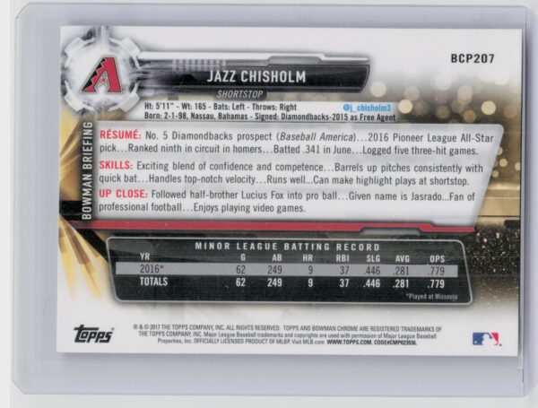 2017 Bowman Chrome Jazz Chisholm #BCP207 Diamondbacks Prospects - Image 3