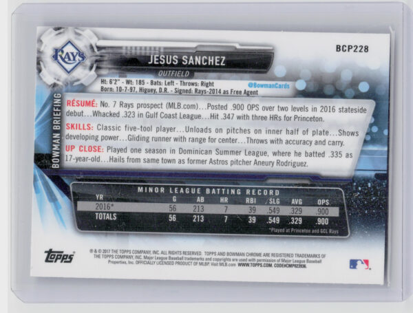 2017 Bowman Chrome Jesus Sanchez #BCP228 Rays Prospects - Image 3