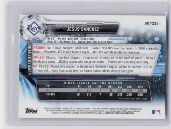 2017 Bowman Chrome Jesus Sanchez #BCP228 Rays Prospects - Image 3
