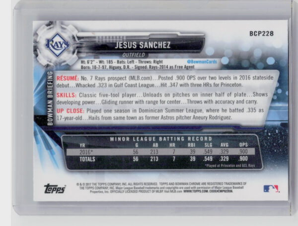 2017 Bowman Chrome Jesus Sanchez #BCP228 Rays Prospects - Image 3