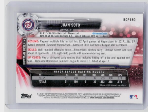 2017 Bowman Chrome Juan Soto #BCP180 Nationals Prospects - Image 3