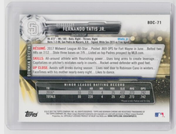 2017 Bowman Draft Fernando Tatis Jr. Chrome #BDC-71 Padres - Image 3
