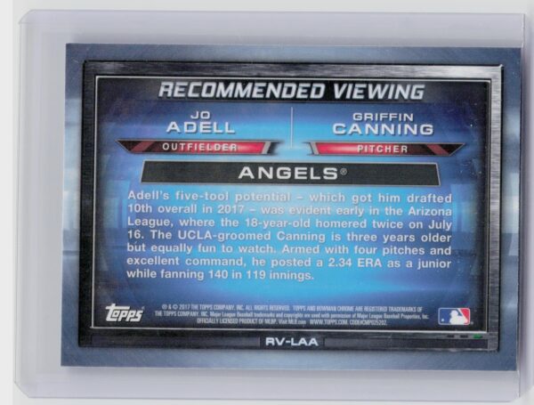 2017 Bowman Draft Jo Adell / Griffin Canning #RV-LAA Angels Recommended Viewing - Image 3