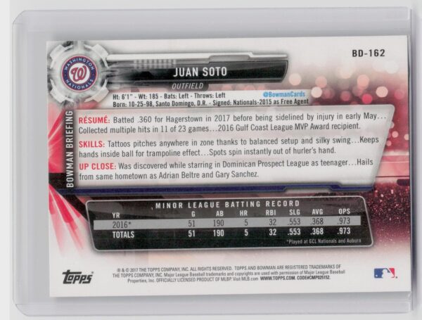 2017 Bowman Draft Juan Soto #BD-162 Nationals - Image 3