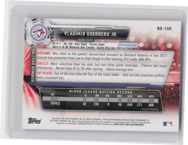 2017 Bowman Draft Vladimir Guerrero Jr. #BD-150 Jays - Image 3