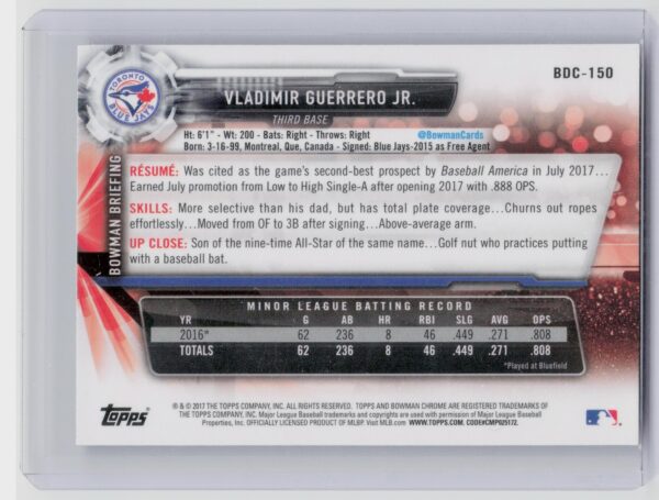 2017 Bowman Draft Vladimir Guerrero Jr. Chrome #BDC-150 Jays - Image 3