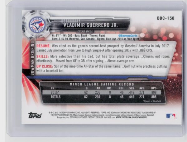 2017 Bowman Draft Vladimir Guerrero Jr. Chrome #BDC-150 Jays - Image 3