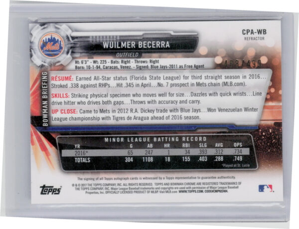 2017 Bowman Wuilmer Becerra AU SN499 #CPA-WB Mets Chrome Prospect Autographs Ref - Image 3