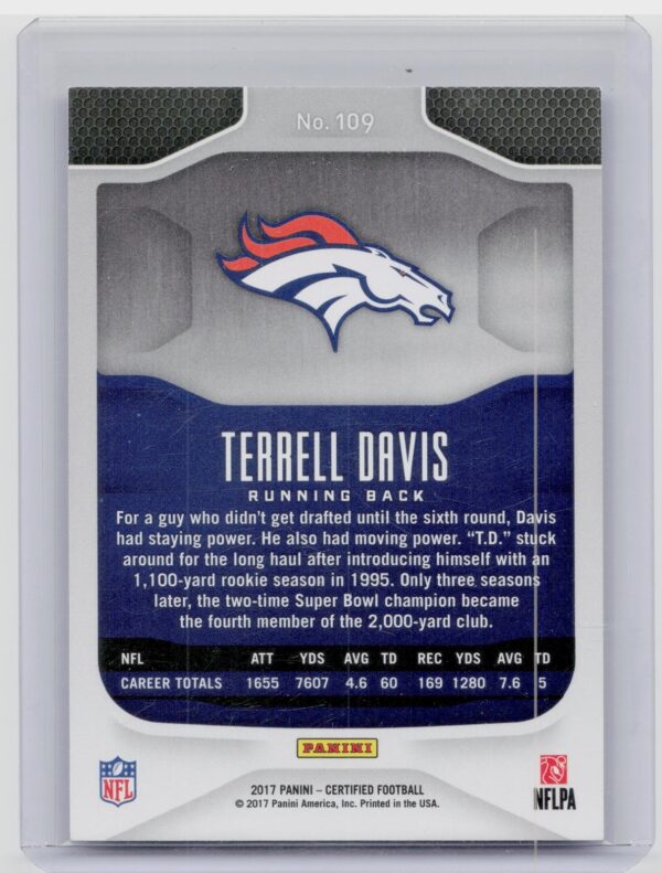 2017 Certified Terrell Davis /999 #109 Broncos - Image 3
