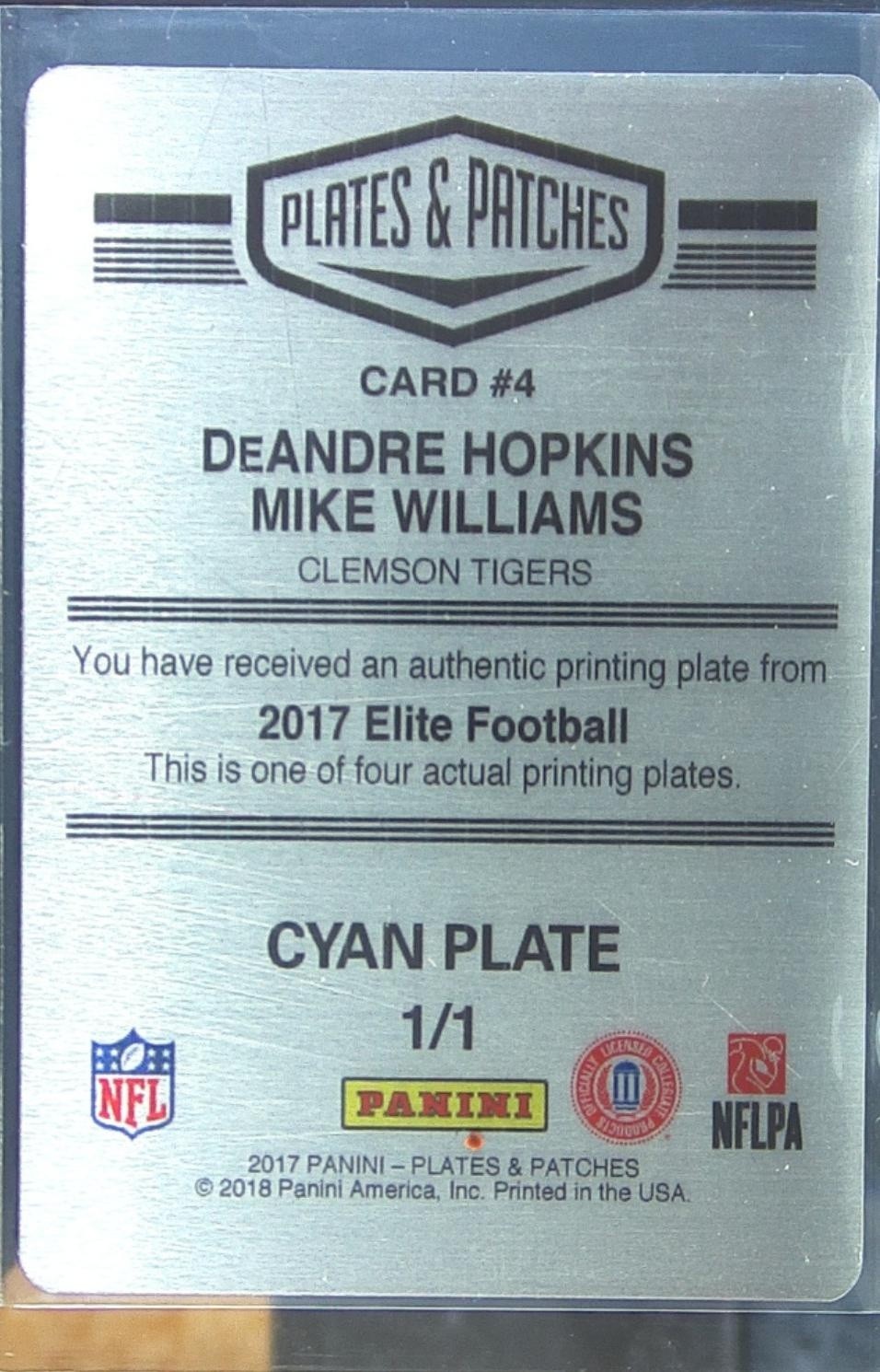 2017 Donruss Elite DeAndre Hopkins / Mike Williams 1/1 #4 Printing Plate - Image 3